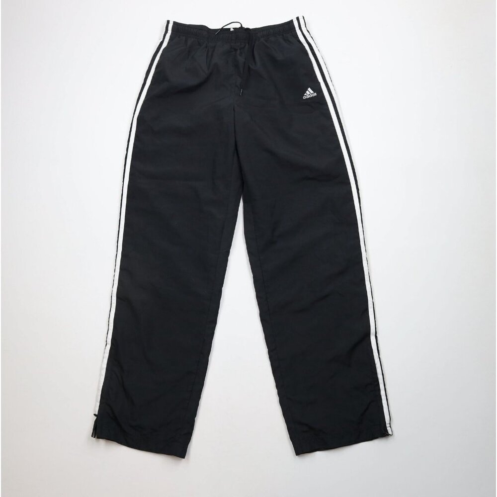 Vintage Adidas Womens Medium Spell Out Striped Wide Leg Windbreaker Pants Black